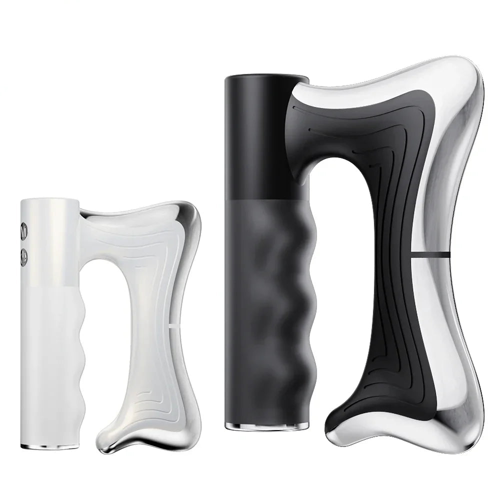 Two different colours of a handheld electronic massaging device on a white background.