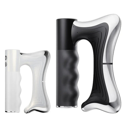 Two different colours of a handheld electronic massaging device on a white background.