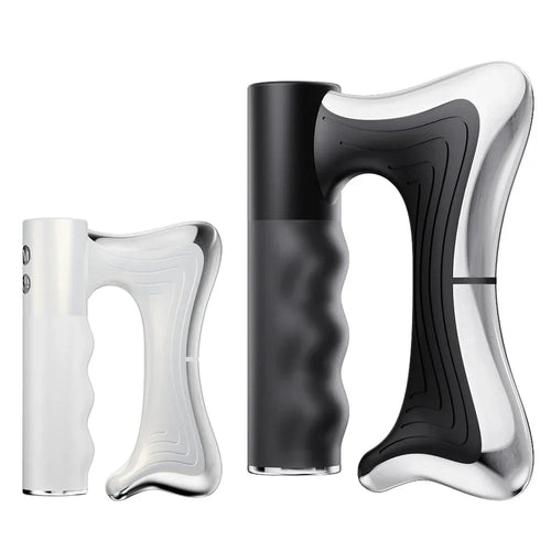 Two different colours of a handheld electronic massaging device on a white background.