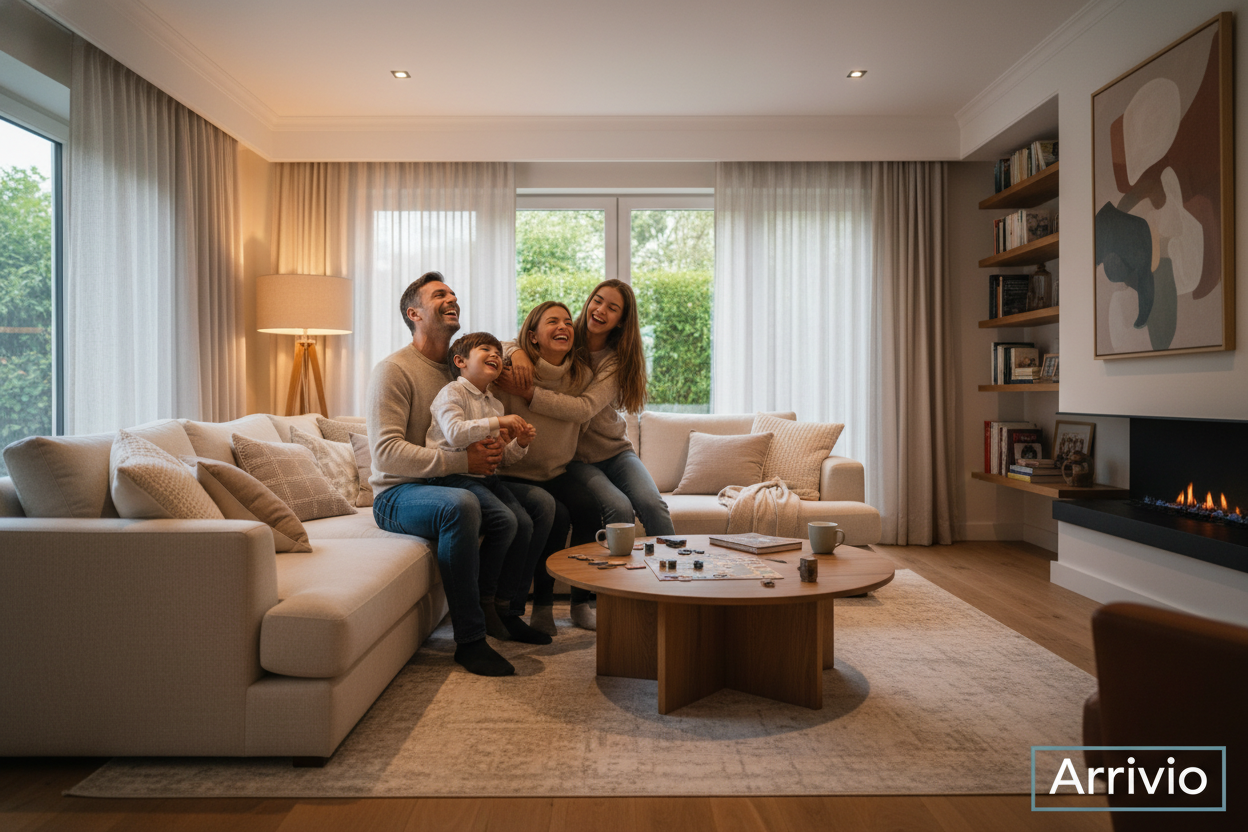 Create an image of a happy family in the family room, they are having a time of their life and in the bottom right corner, there is a logo of Arvivio